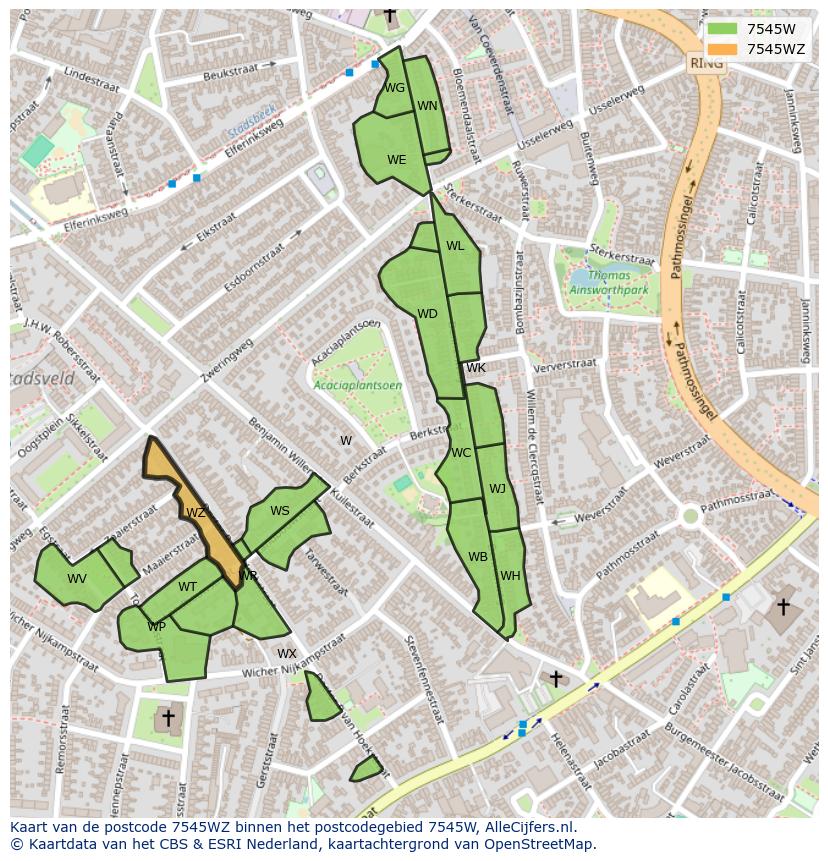Afbeelding van het postcodegebied 7545 WZ op de kaart.