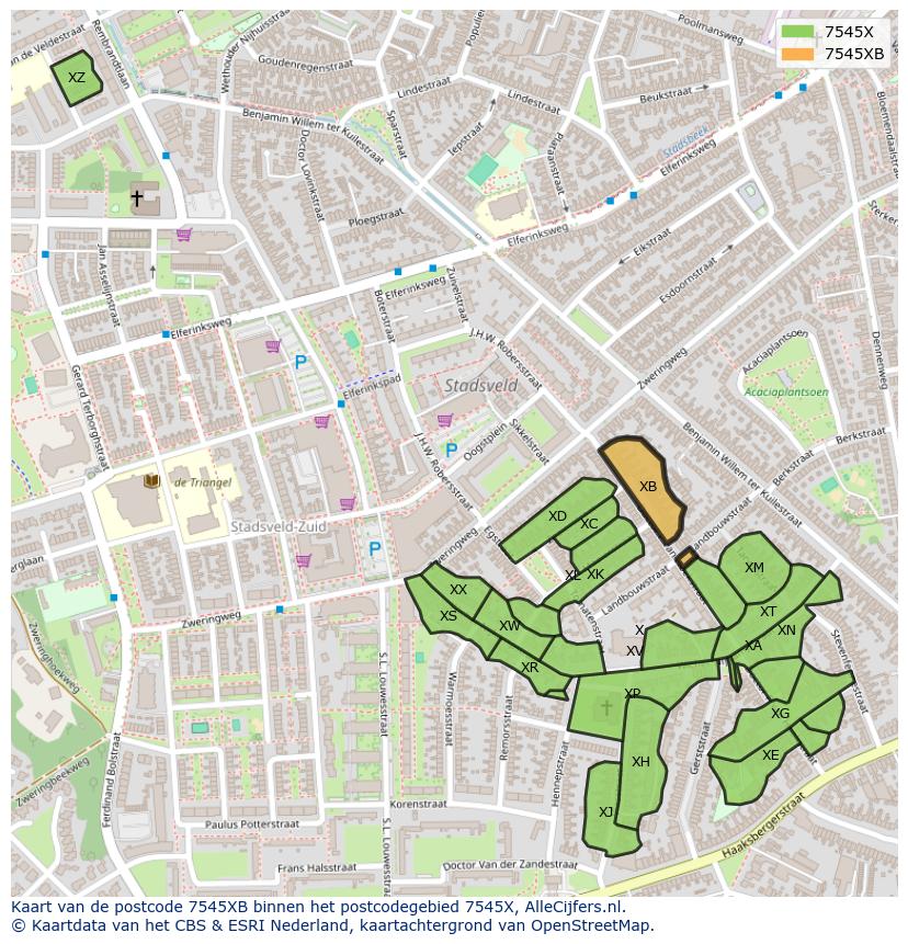 Afbeelding van het postcodegebied 7545 XB op de kaart.