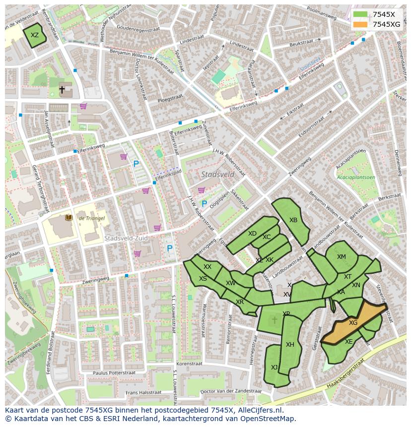 Afbeelding van het postcodegebied 7545 XG op de kaart.
