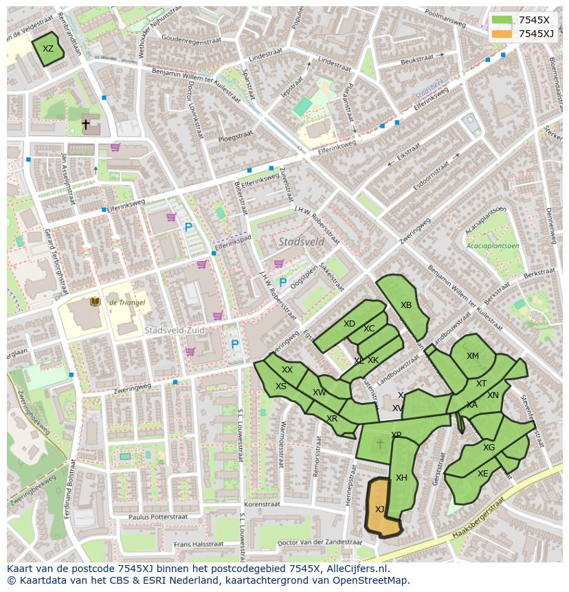 Afbeelding van het postcodegebied 7545 XJ op de kaart.
