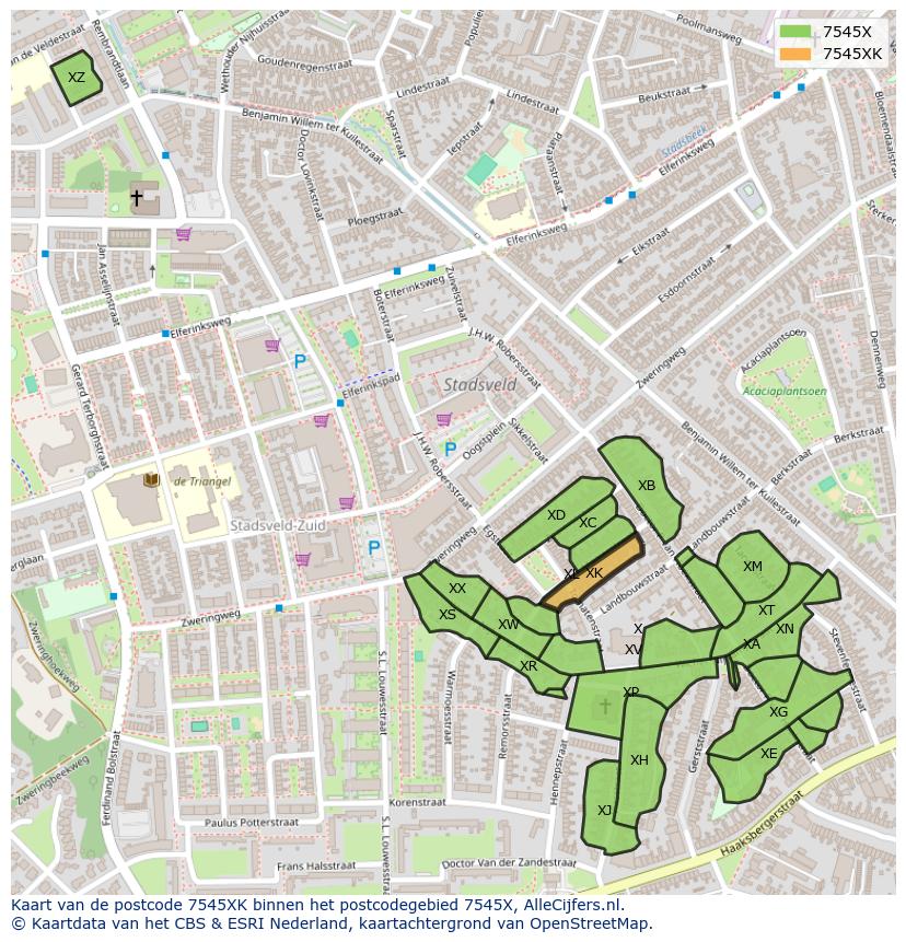 Afbeelding van het postcodegebied 7545 XK op de kaart.