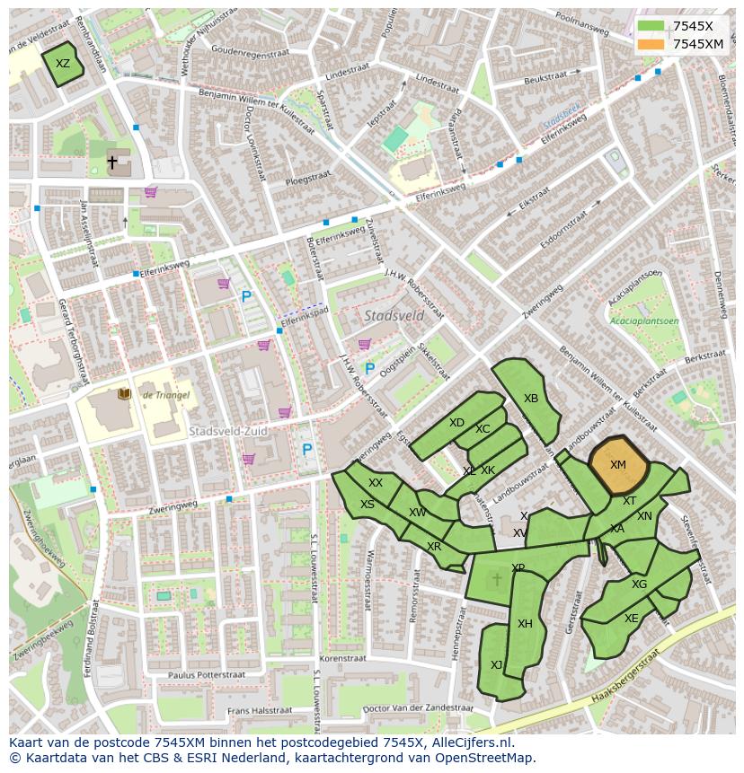 Afbeelding van het postcodegebied 7545 XM op de kaart.