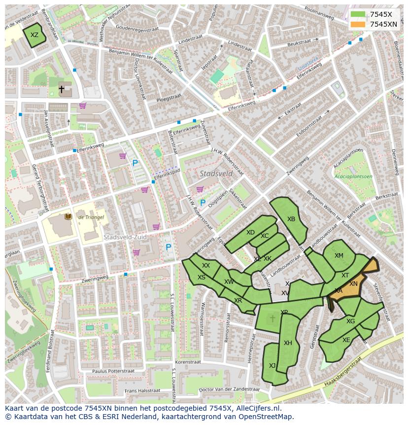 Afbeelding van het postcodegebied 7545 XN op de kaart.
