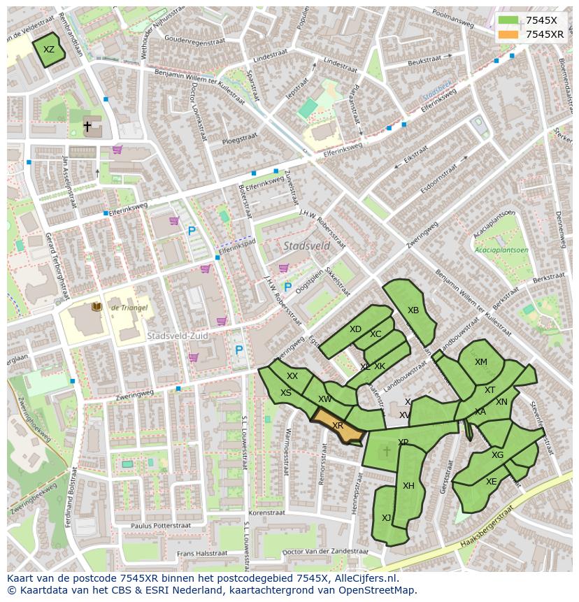 Afbeelding van het postcodegebied 7545 XR op de kaart.