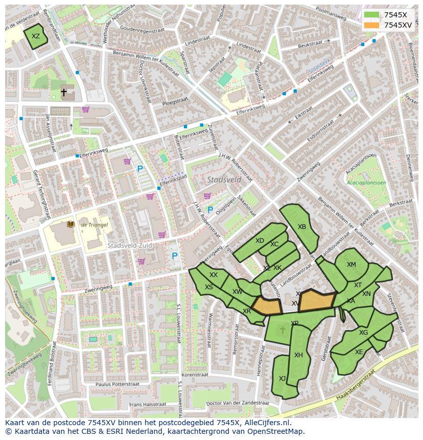 Afbeelding van het postcodegebied 7545 XV op de kaart.