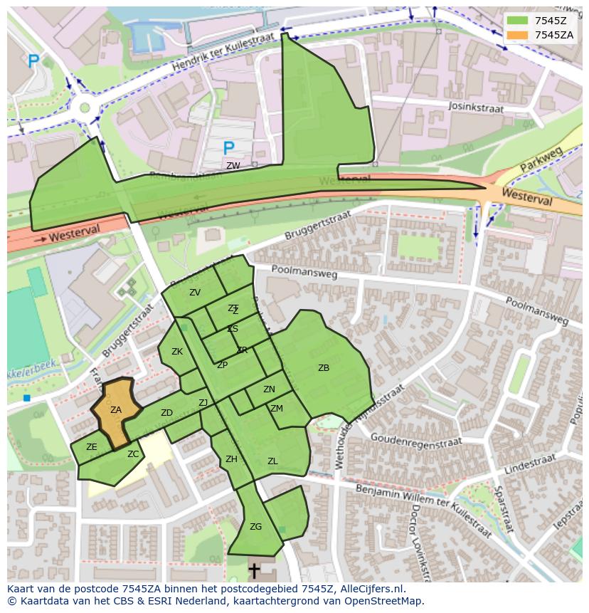 Afbeelding van het postcodegebied 7545 ZA op de kaart.