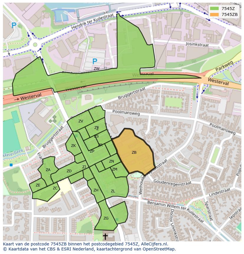 Afbeelding van het postcodegebied 7545 ZB op de kaart.