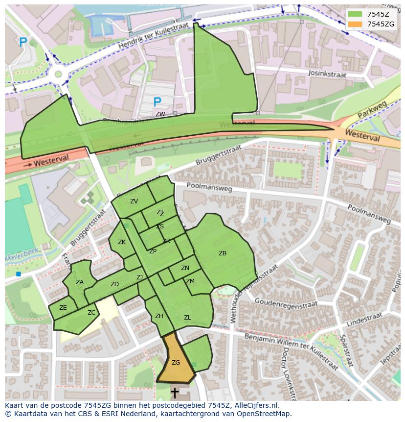 Afbeelding van het postcodegebied 7545 ZG op de kaart.