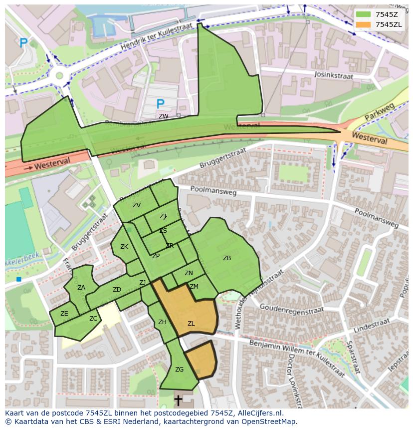 Afbeelding van het postcodegebied 7545 ZL op de kaart.