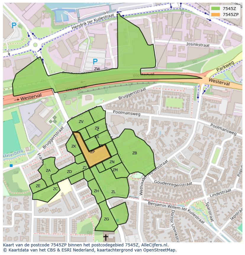 Afbeelding van het postcodegebied 7545 ZP op de kaart.