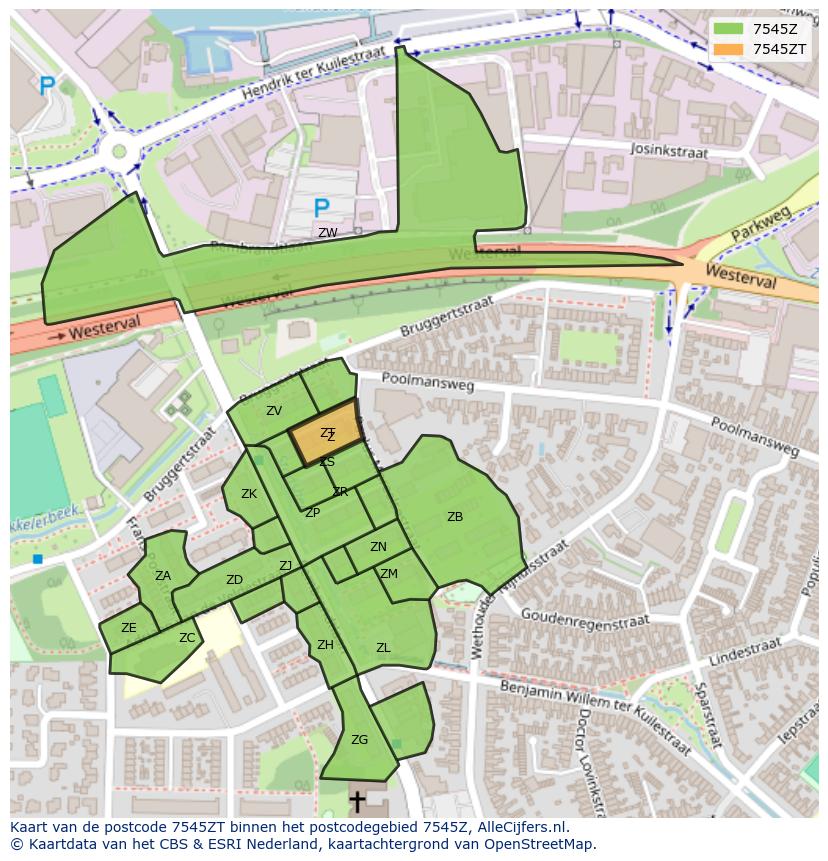 Afbeelding van het postcodegebied 7545 ZT op de kaart.