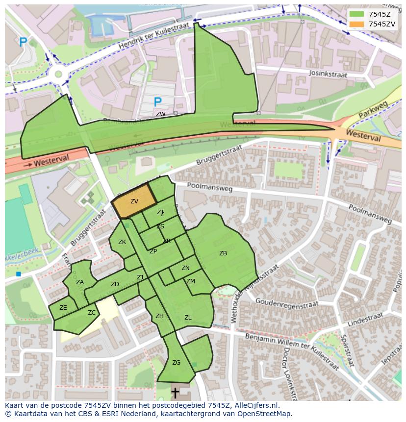 Afbeelding van het postcodegebied 7545 ZV op de kaart.