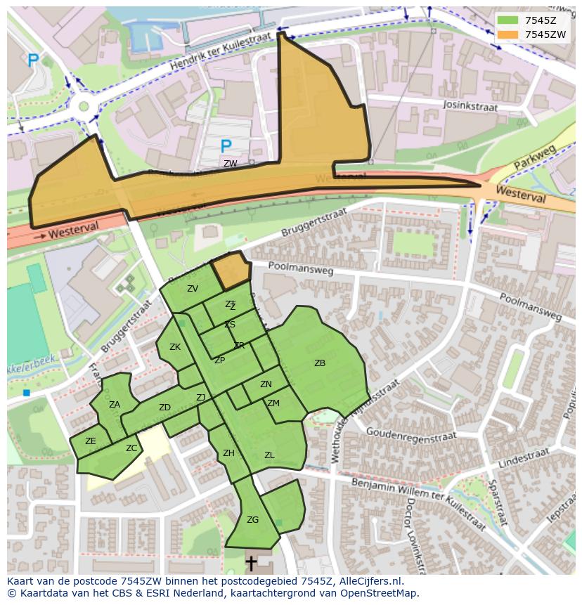 Afbeelding van het postcodegebied 7545 ZW op de kaart.