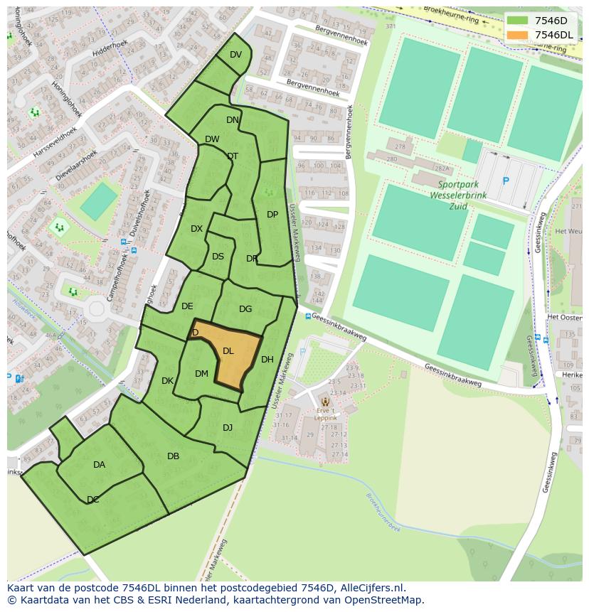 Afbeelding van het postcodegebied 7546 DL op de kaart.