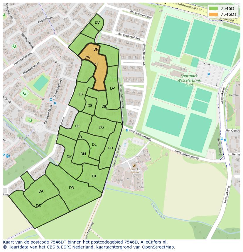 Afbeelding van het postcodegebied 7546 DT op de kaart.