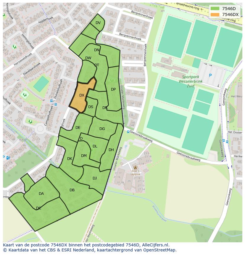 Afbeelding van het postcodegebied 7546 DX op de kaart.