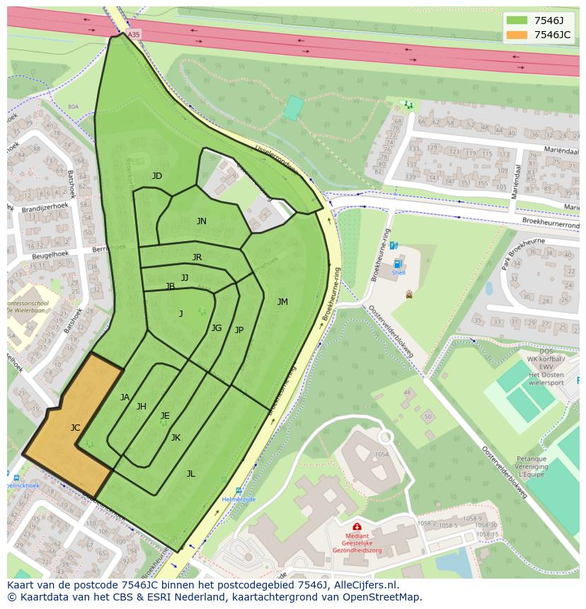 Afbeelding van het postcodegebied 7546 JC op de kaart.