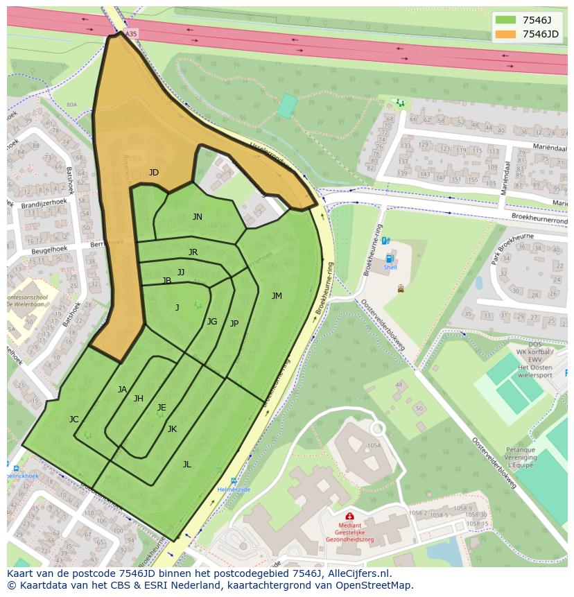 Afbeelding van het postcodegebied 7546 JD op de kaart.