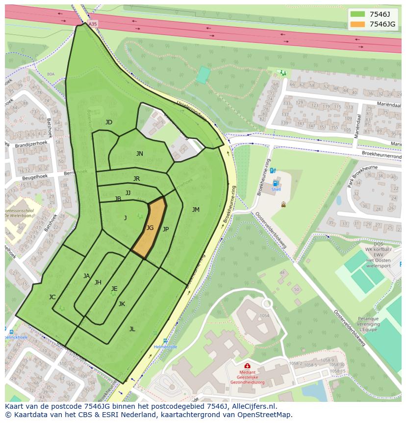 Afbeelding van het postcodegebied 7546 JG op de kaart.