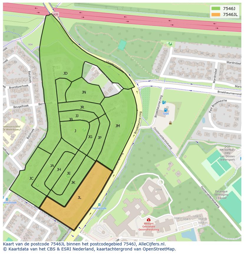 Afbeelding van het postcodegebied 7546 JL op de kaart.