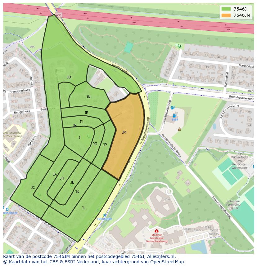 Afbeelding van het postcodegebied 7546 JM op de kaart.
