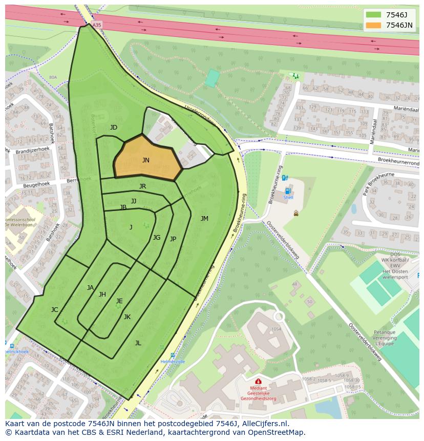Afbeelding van het postcodegebied 7546 JN op de kaart.