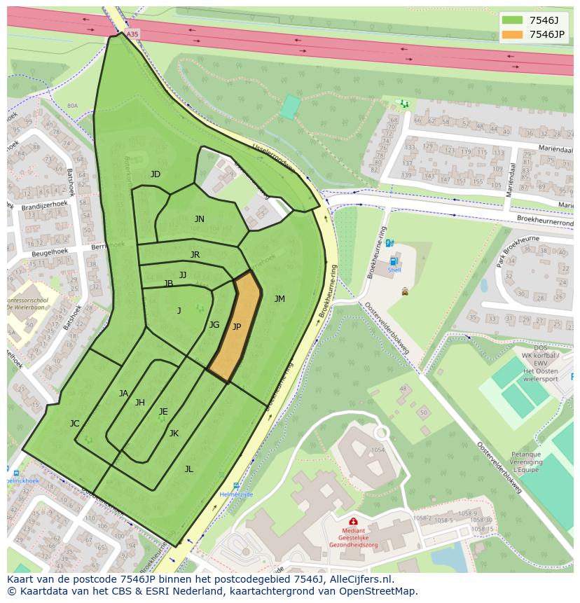 Afbeelding van het postcodegebied 7546 JP op de kaart.