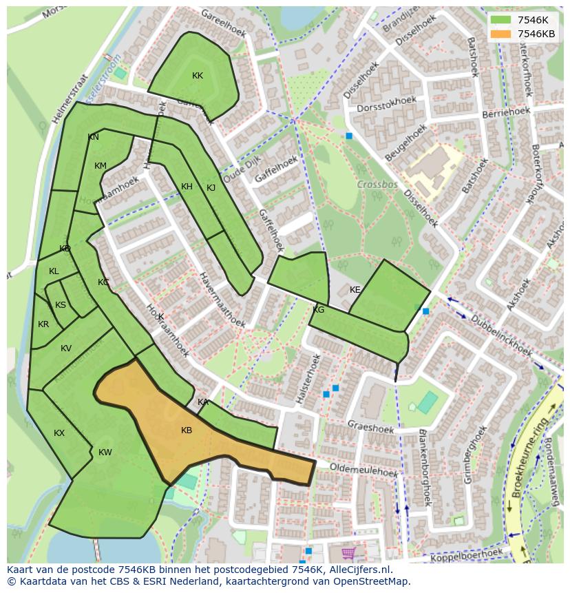 Afbeelding van het postcodegebied 7546 KB op de kaart.