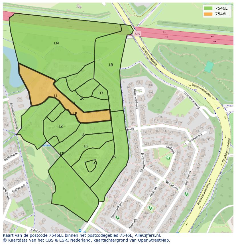 Afbeelding van het postcodegebied 7546 LL op de kaart.