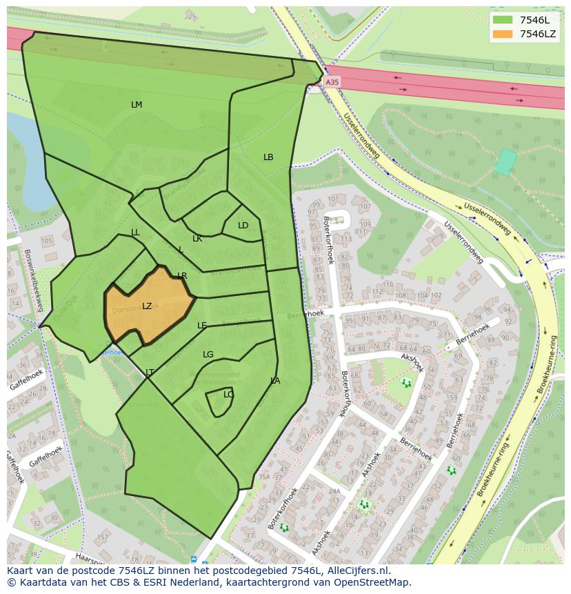 Afbeelding van het postcodegebied 7546 LZ op de kaart.