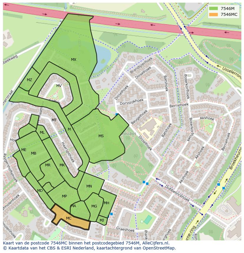 Afbeelding van het postcodegebied 7546 MC op de kaart.