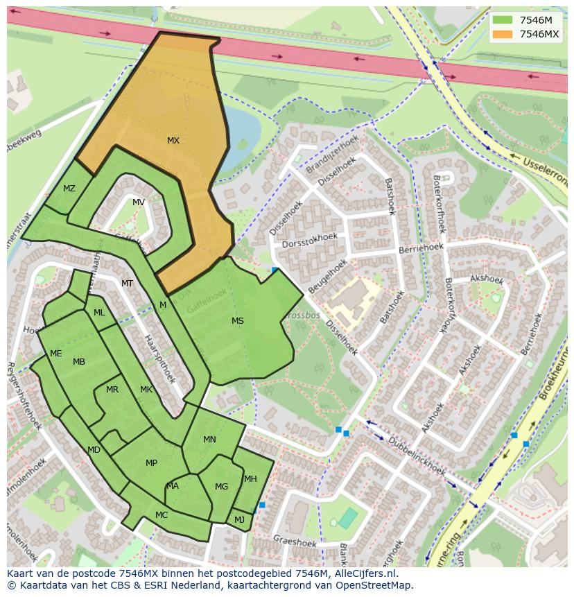 Afbeelding van het postcodegebied 7546 MX op de kaart.