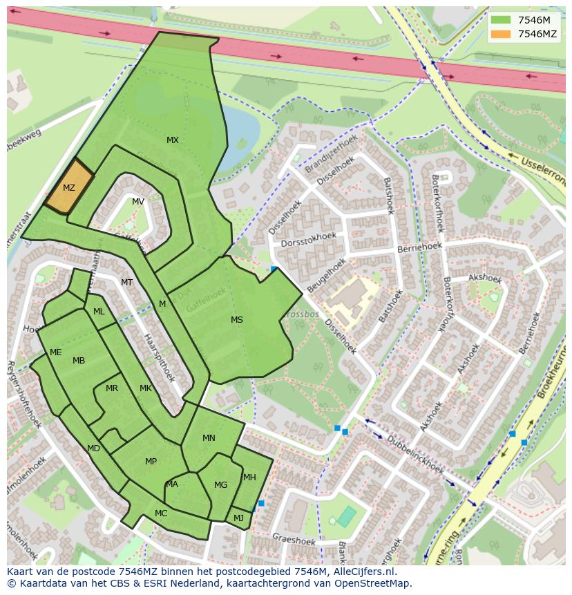 Afbeelding van het postcodegebied 7546 MZ op de kaart.