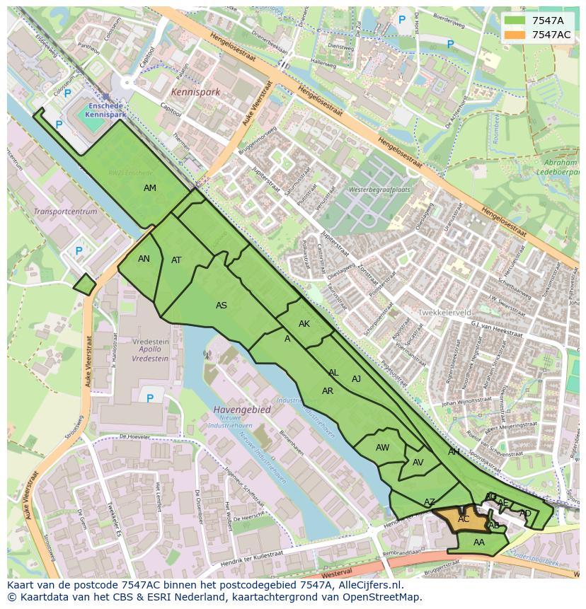 Afbeelding van het postcodegebied 7547 AC op de kaart.