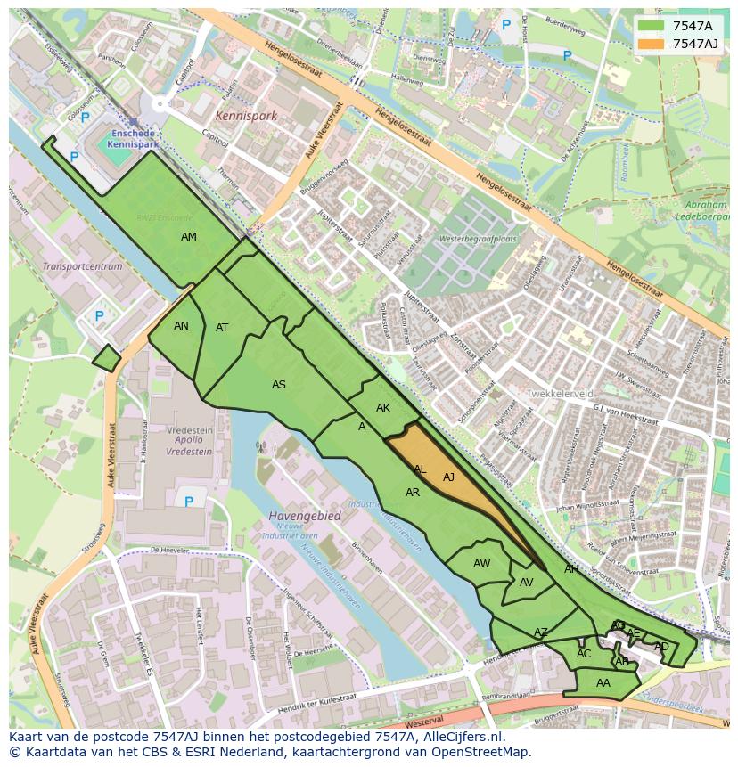 Afbeelding van het postcodegebied 7547 AJ op de kaart.