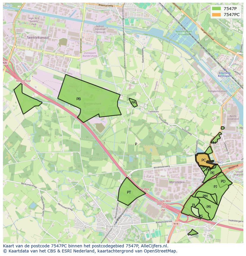 Afbeelding van het postcodegebied 7547 PC op de kaart.