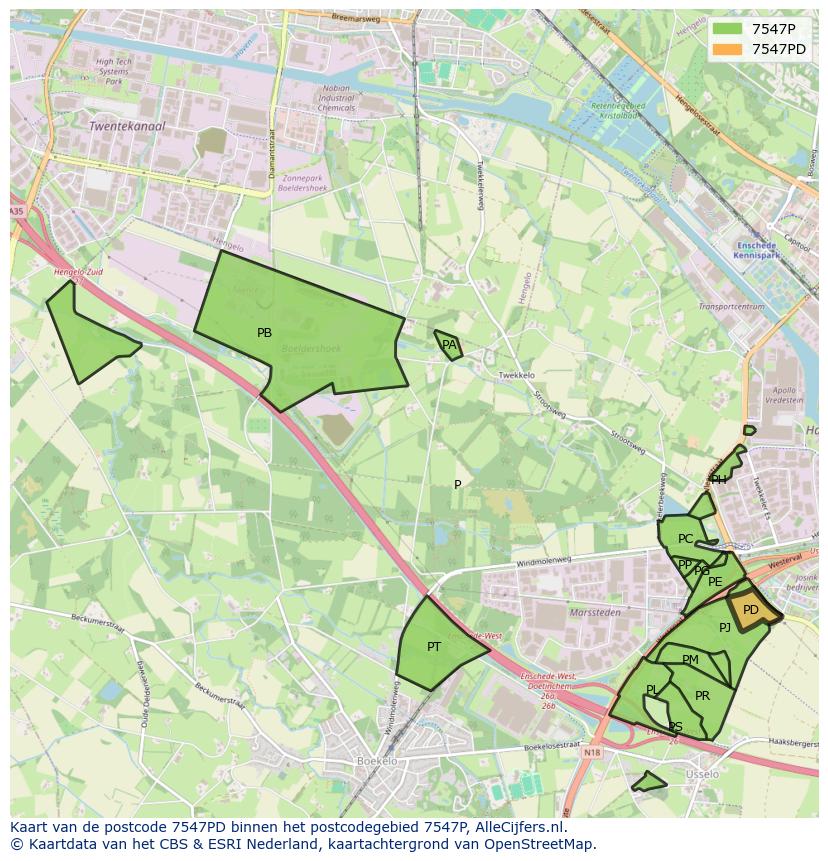 Afbeelding van het postcodegebied 7547 PD op de kaart.