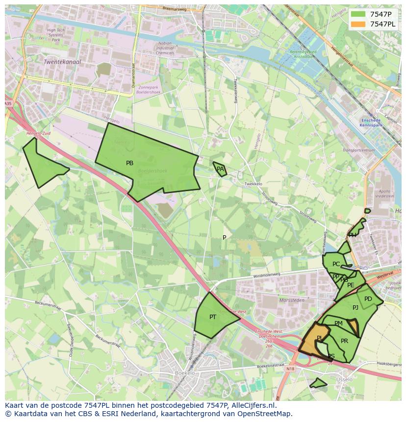 Afbeelding van het postcodegebied 7547 PL op de kaart.