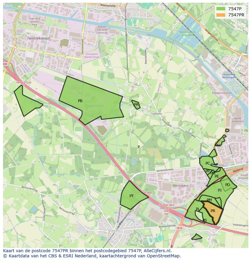Afbeelding van het postcodegebied 7547 PR op de kaart.