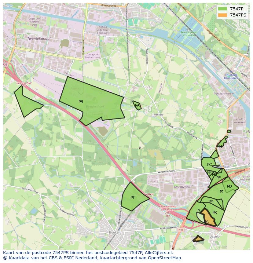 Afbeelding van het postcodegebied 7547 PS op de kaart.