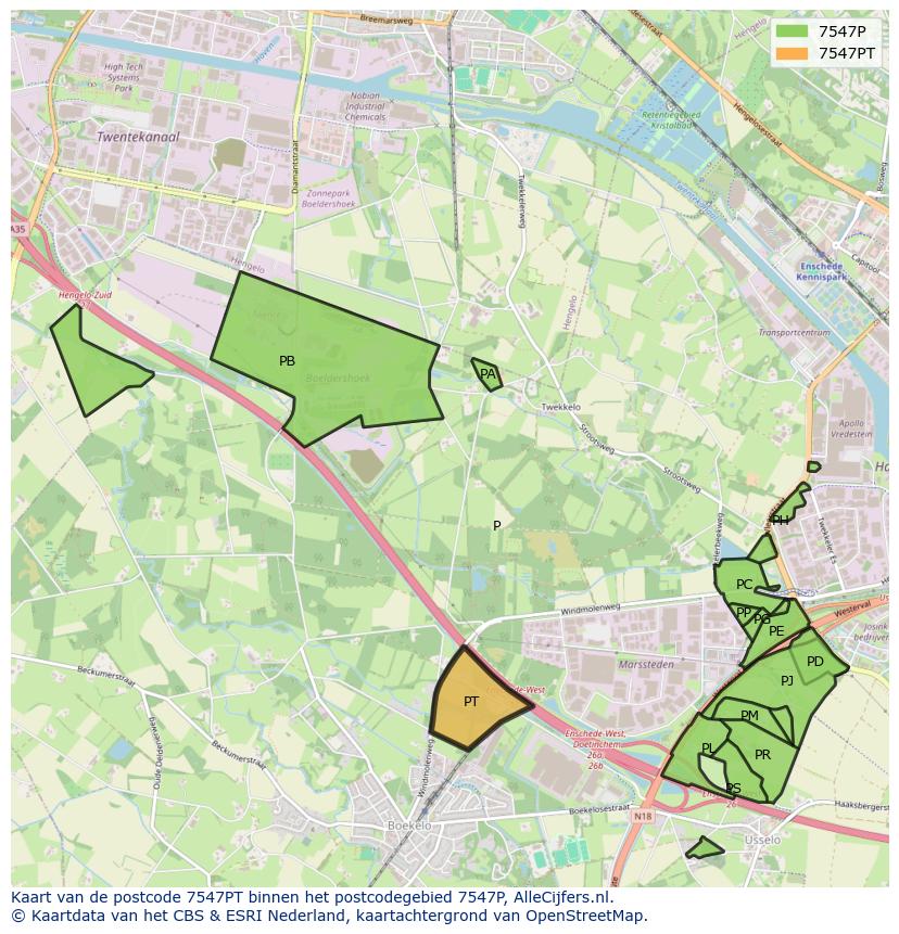 Afbeelding van het postcodegebied 7547 PT op de kaart.