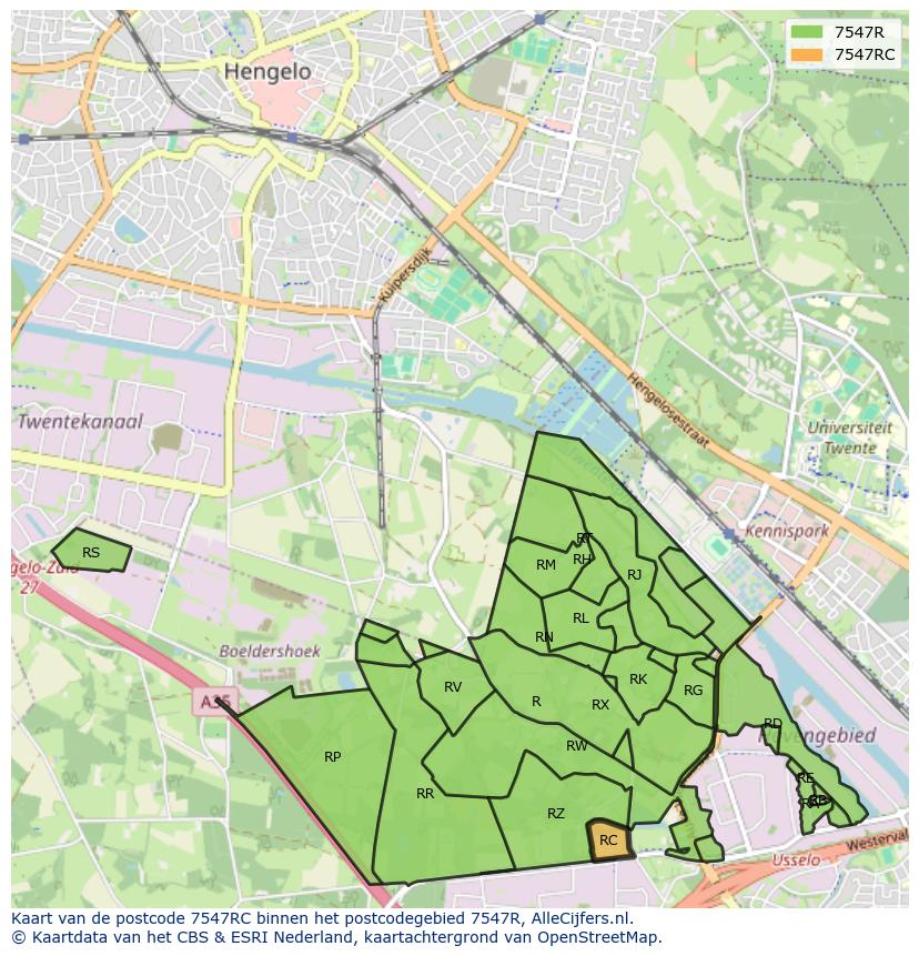 Afbeelding van het postcodegebied 7547 RC op de kaart.