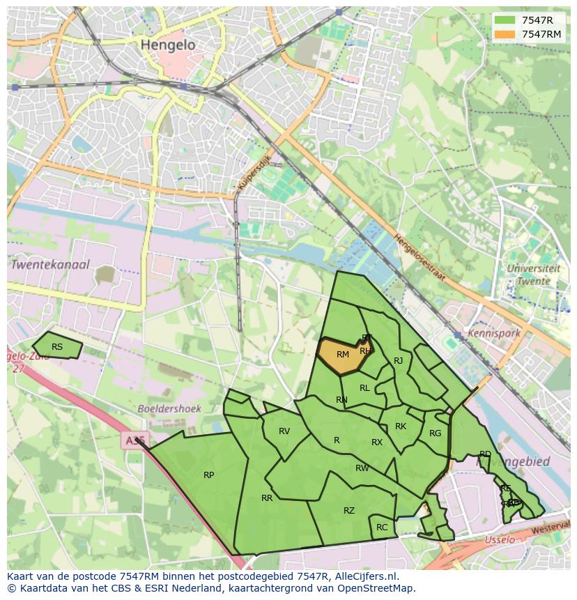 Afbeelding van het postcodegebied 7547 RM op de kaart.