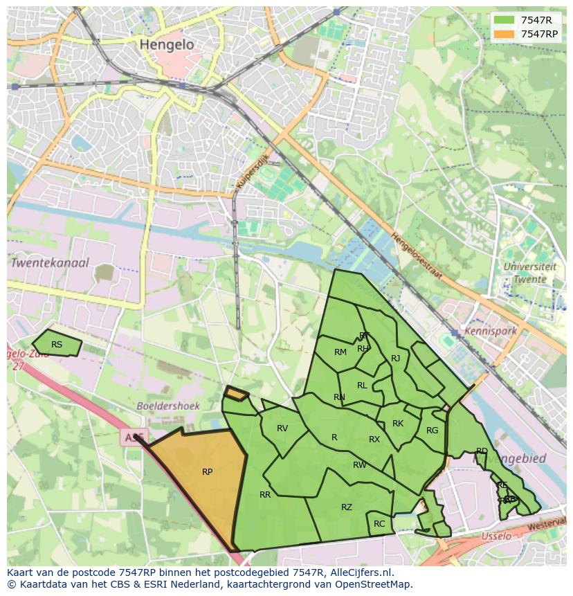 Afbeelding van het postcodegebied 7547 RP op de kaart.
