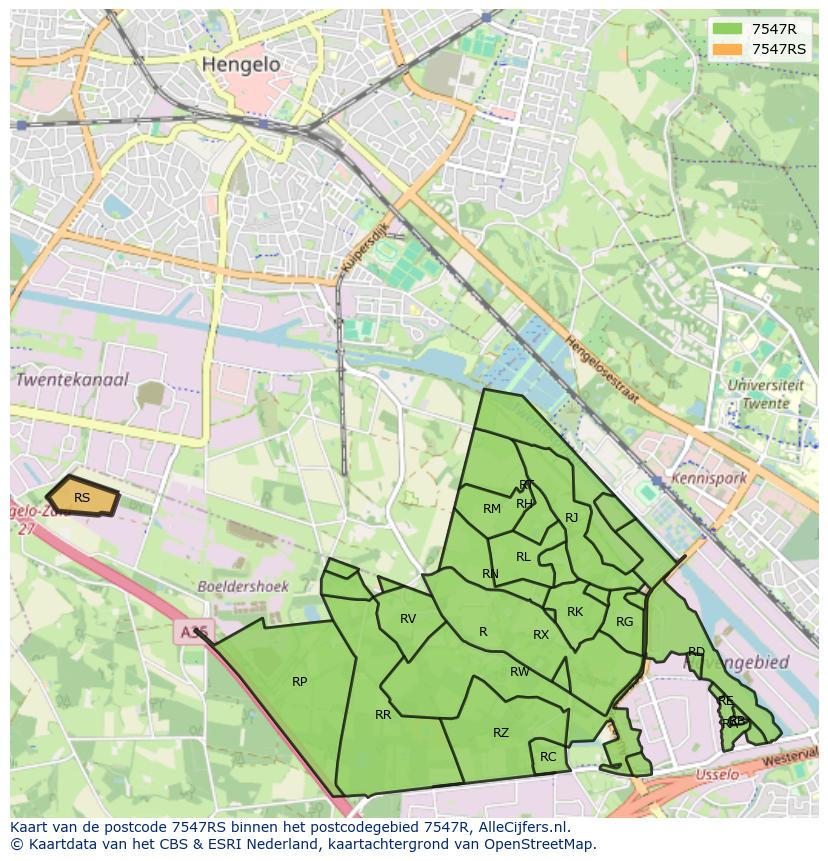 Afbeelding van het postcodegebied 7547 RS op de kaart.