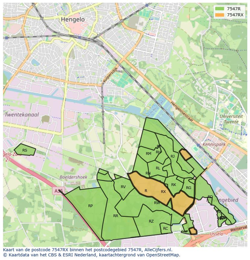 Afbeelding van het postcodegebied 7547 RX op de kaart.