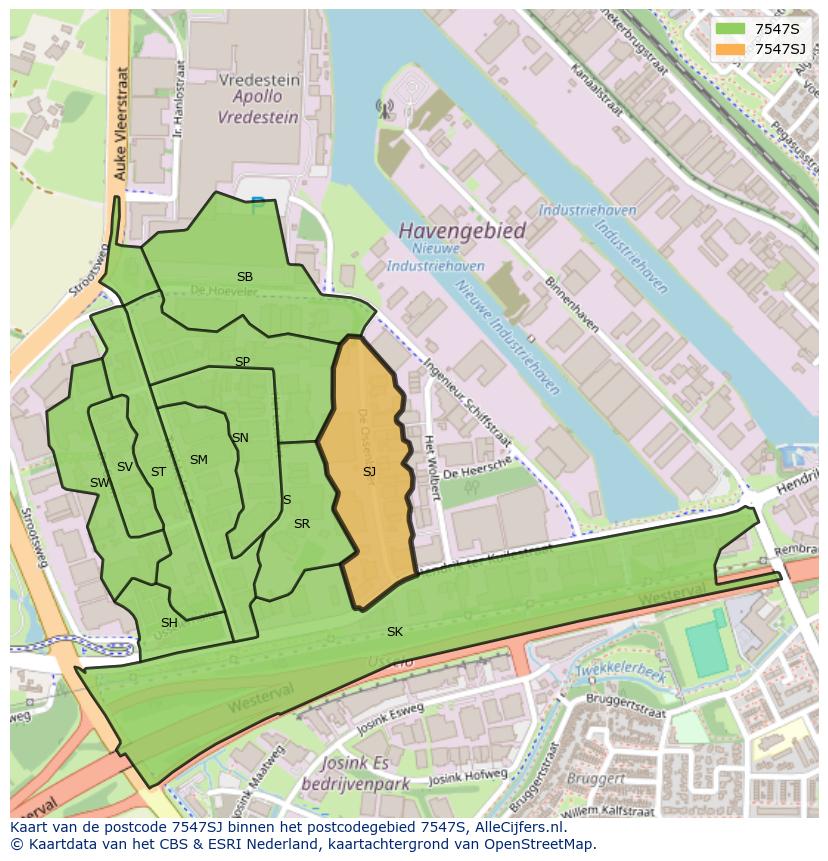 Afbeelding van het postcodegebied 7547 SJ op de kaart.