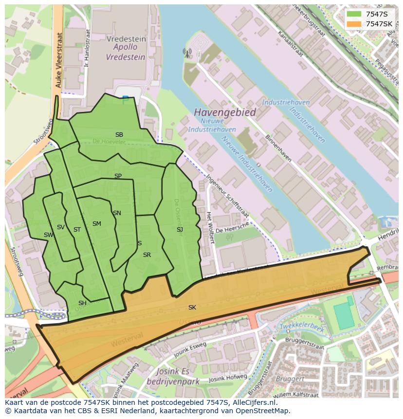 Afbeelding van het postcodegebied 7547 SK op de kaart.