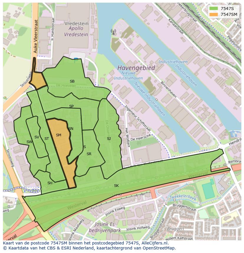 Afbeelding van het postcodegebied 7547 SM op de kaart.