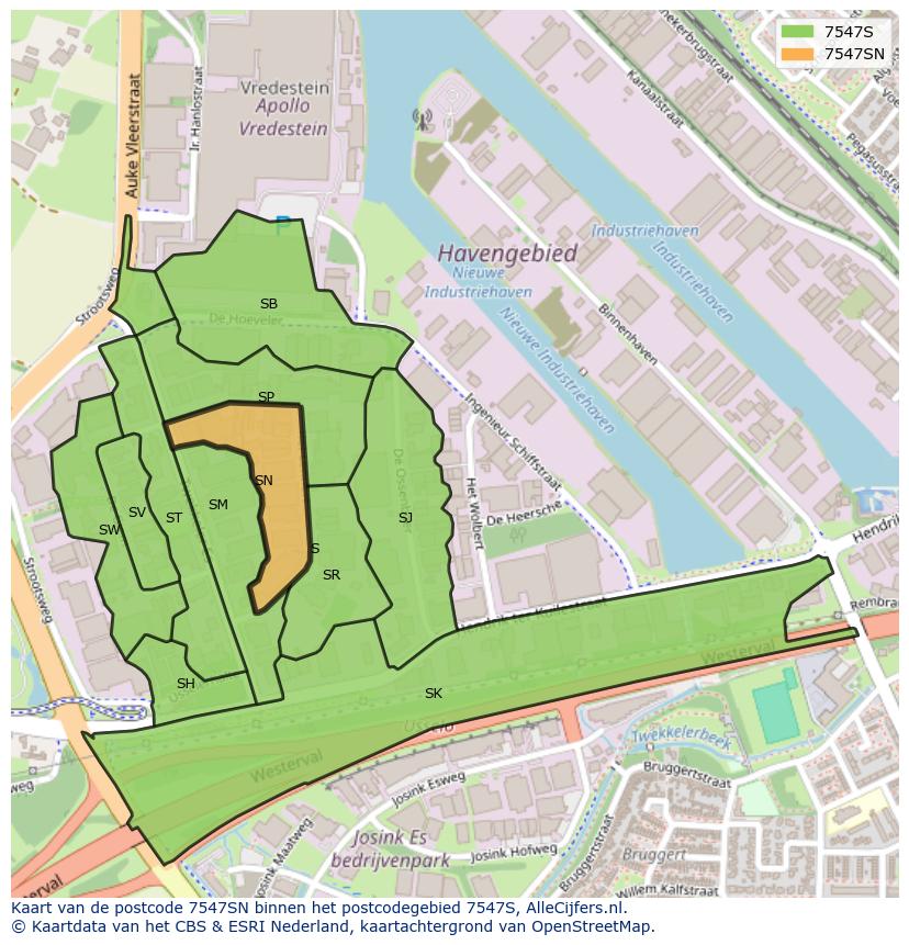 Afbeelding van het postcodegebied 7547 SN op de kaart.